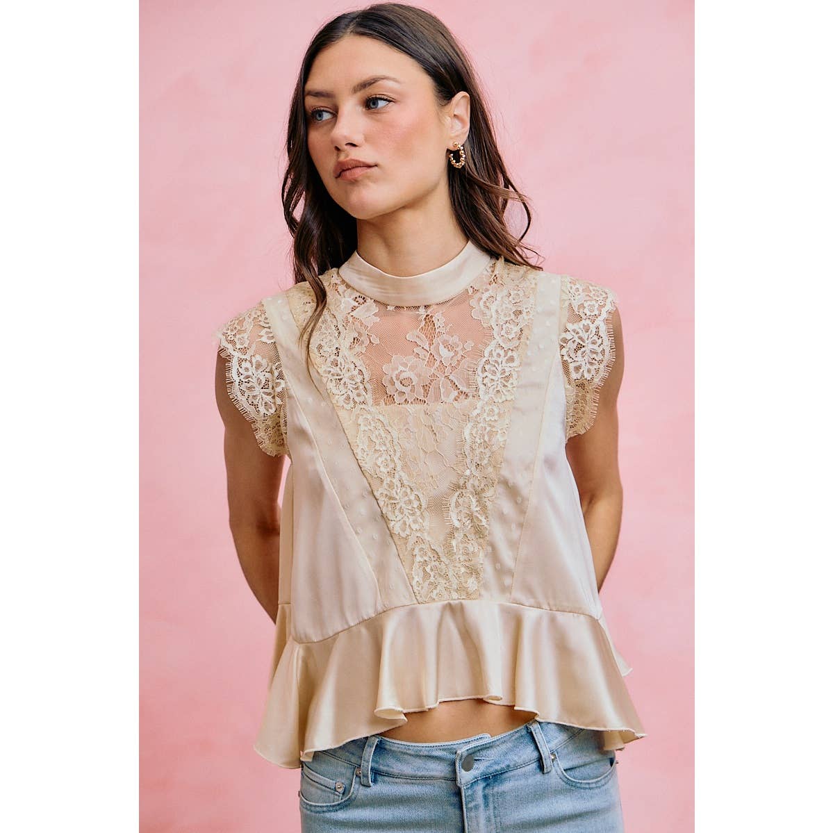 SATIN MOCK NECK LACE TRIM PEPLUM BLOUSE TOP: CREAM / S