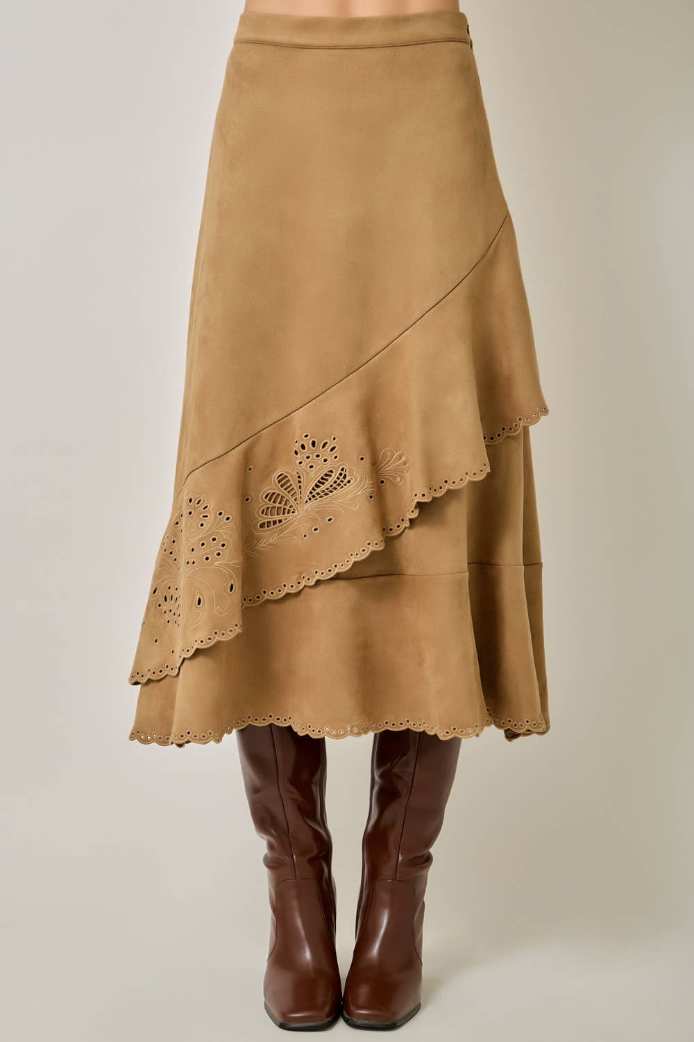 Suede Embroidered Ruffle Midi Skirt