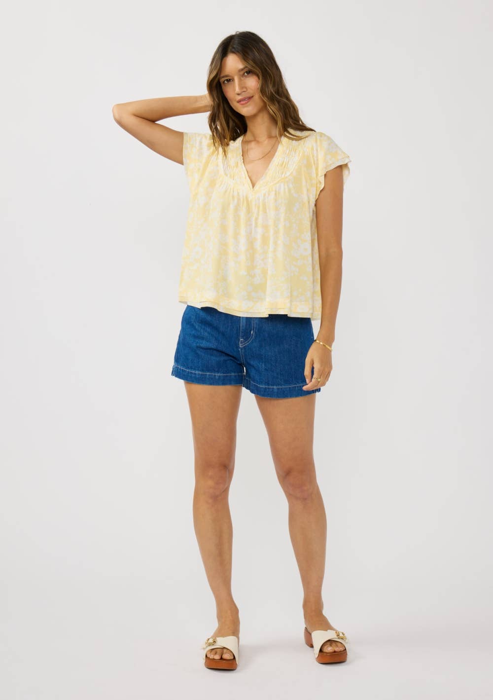 Flutter Sleeve V-Neck Floral Top-Butter Yellow