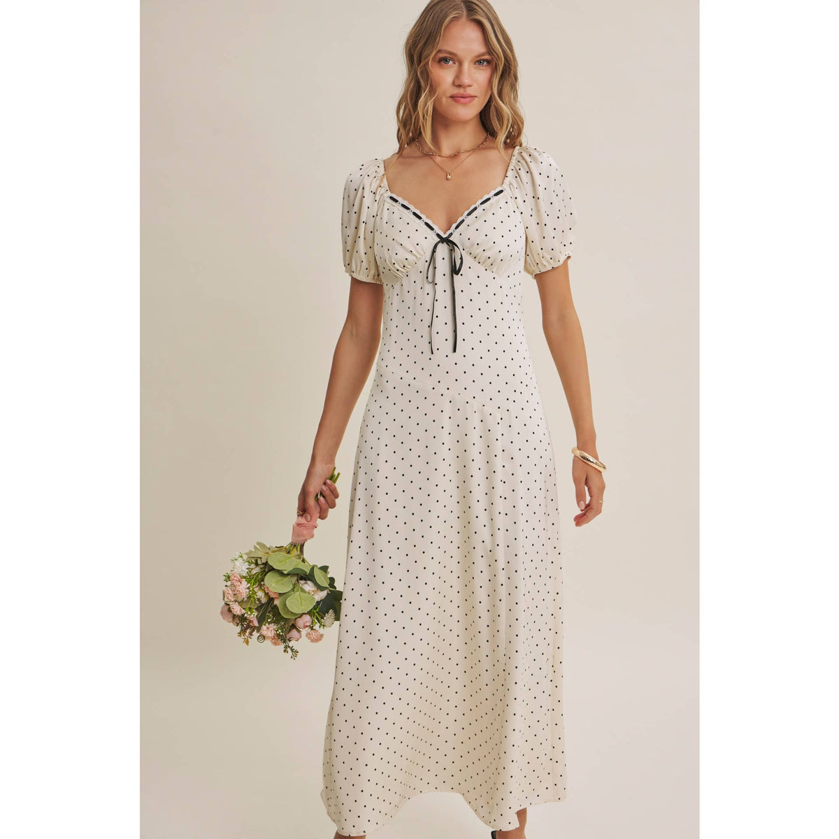 Vintage Paris Flowy Fit & Flare Polka Dot Satin Midi Dress-Ivory/Black