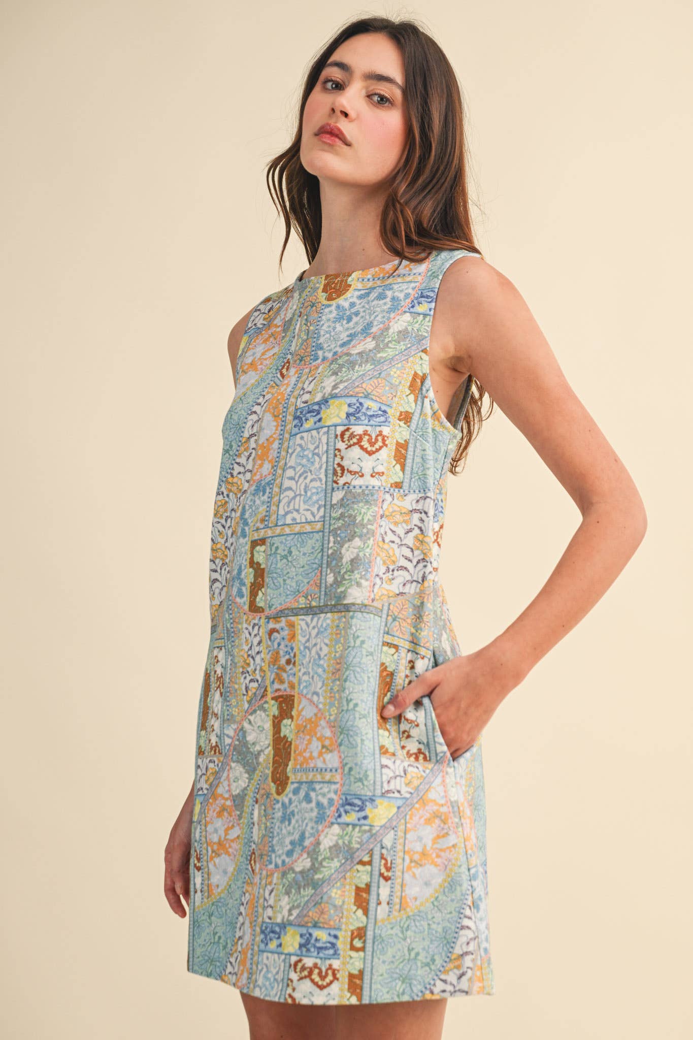 PATCHWORK PRINT DENIM SHIFT MINI DRESS MDR4743