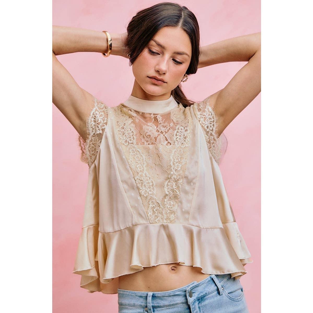 SATIN MOCK NECK LACE TRIM PEPLUM BLOUSE TOP: CREAM / S