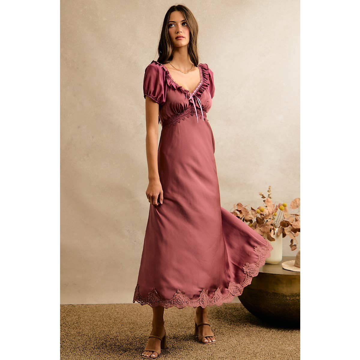 V NECK RUFFLE SLIP SATIN MAXI DRESS