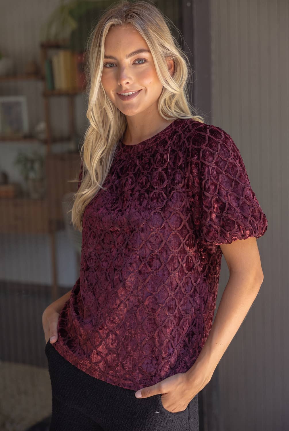 37096 Trellis Trimmed Crushed Velvet Bubble Sleeve Top