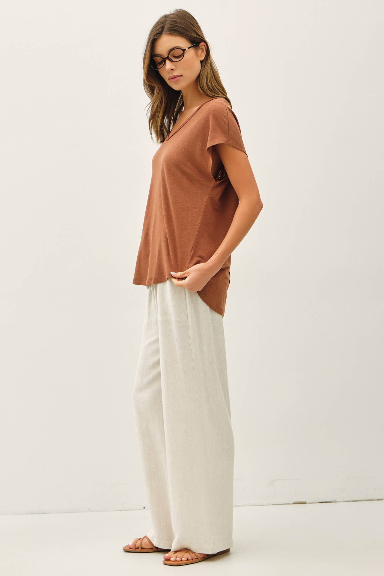 Raw Edge Detail Linen Blend T-Shirt; Ivory, Dusty Blue, Charcoal or Clay