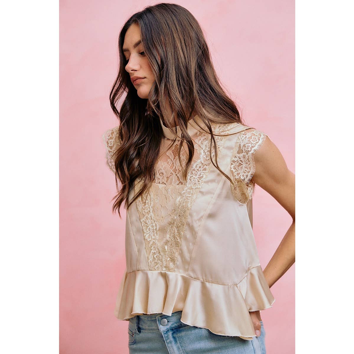 SATIN MOCK NECK LACE TRIM PEPLUM BLOUSE TOP: CREAM / S