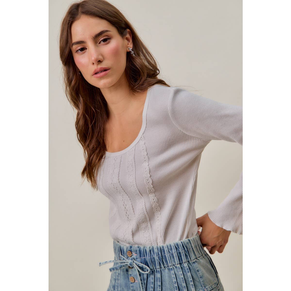 VINTAGE WASHED LACE CROP THERMAL WASHED KNIT TOP