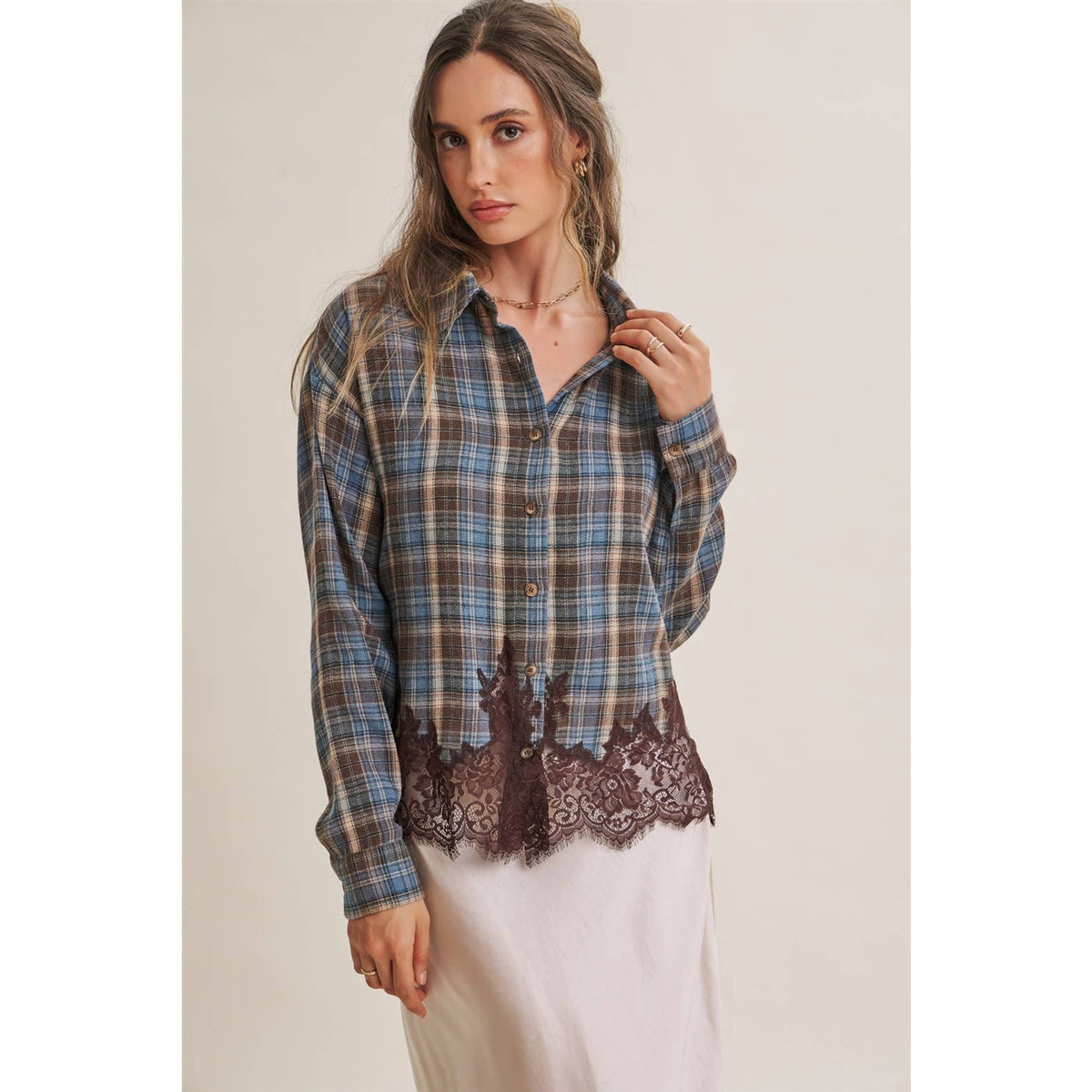 WESTERN ROMANTIC PLAID EYELASH LACE HEM BUTTON-DOWN SHIRT