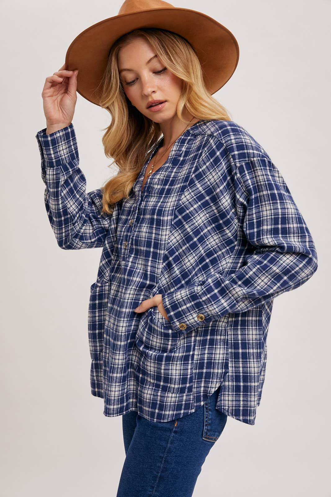 OVERSIZED PLAID BUTTON FRONT V-NECK SHIRT WITH POCKETS