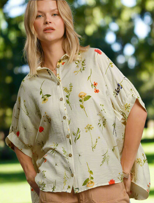 Floral Stems Boxy Button Up Top