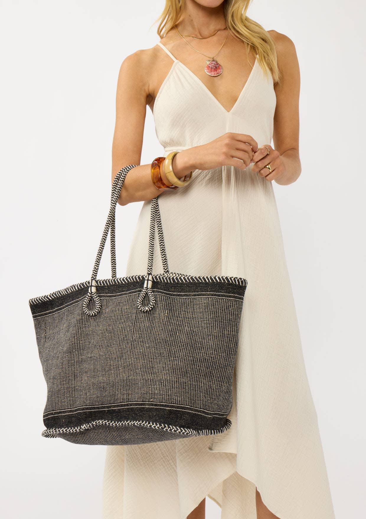 Large Woven Cotton Zip-Up Tote Bag