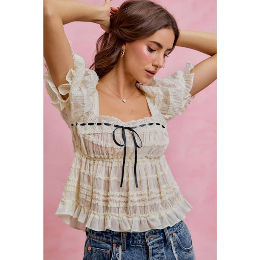 SHIRRED LACE RUFFLE PUFF SLEEVE BLOUSE TOP