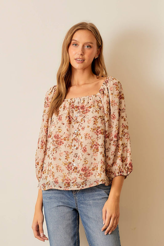 SQUARE NECK BURGUNDY FLORAL PRINT BLOUSE