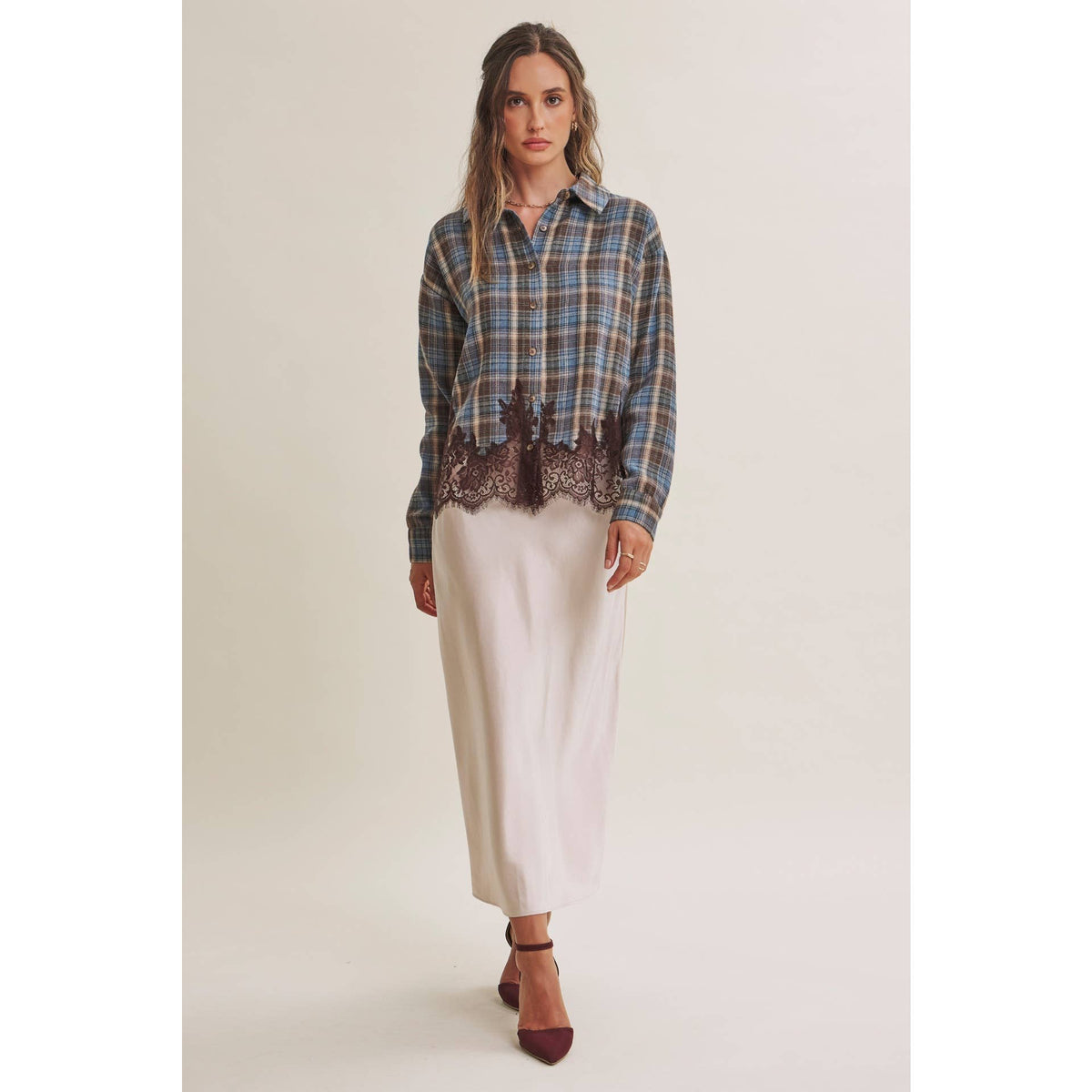WESTERN ROMANTIC PLAID EYELASH LACE HEM BUTTON-DOWN SHIRT