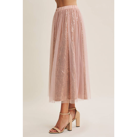 Dance the Night Away Blush Sequin Tulle Midi Skirt
