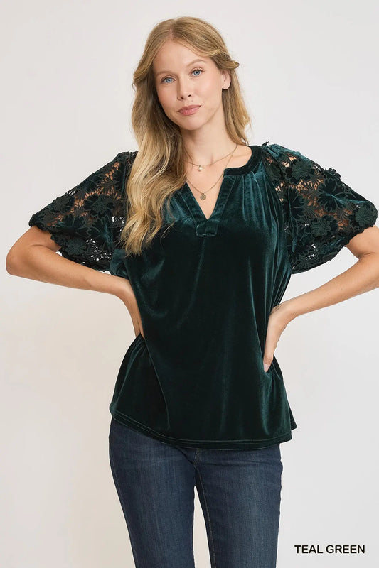 Dark Green Velvet & Lace Top