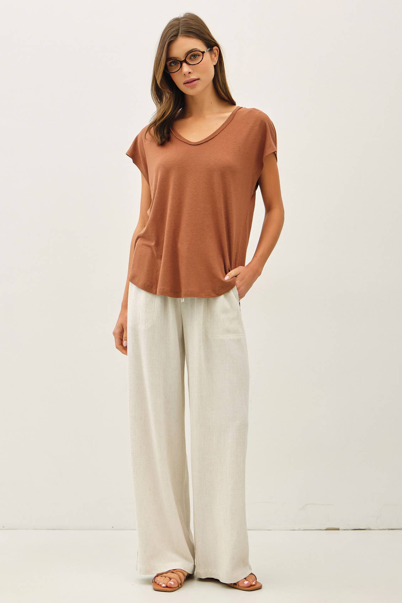 Raw Edge Detail Linen Blend T-Shirt; Ivory, Dusty Blue, Charcoal or Clay