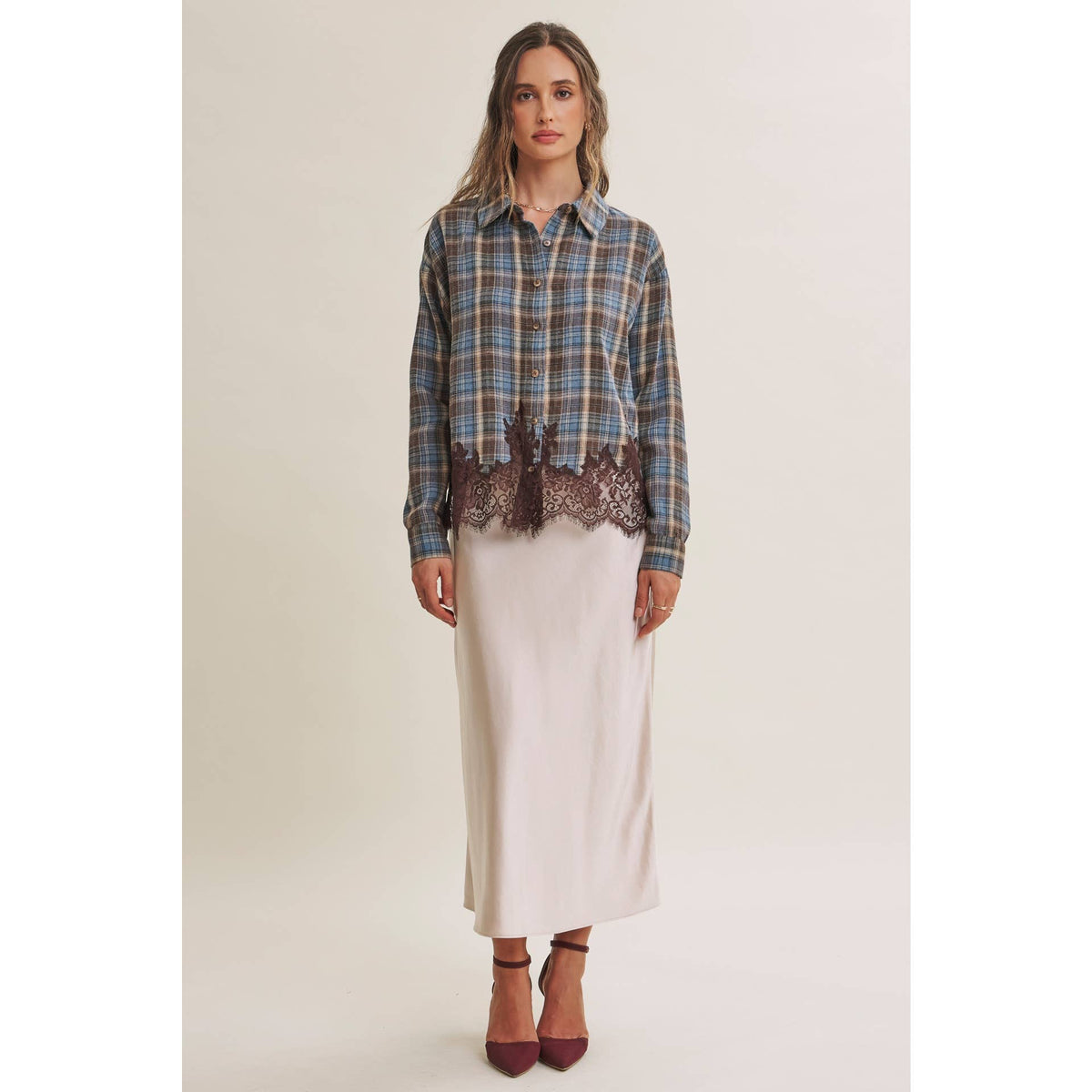 WESTERN ROMANTIC PLAID EYELASH LACE HEM BUTTON-DOWN SHIRT