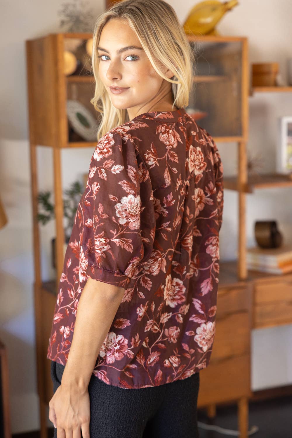 Maroon Floral Embroidered Button Down V-Neck Top