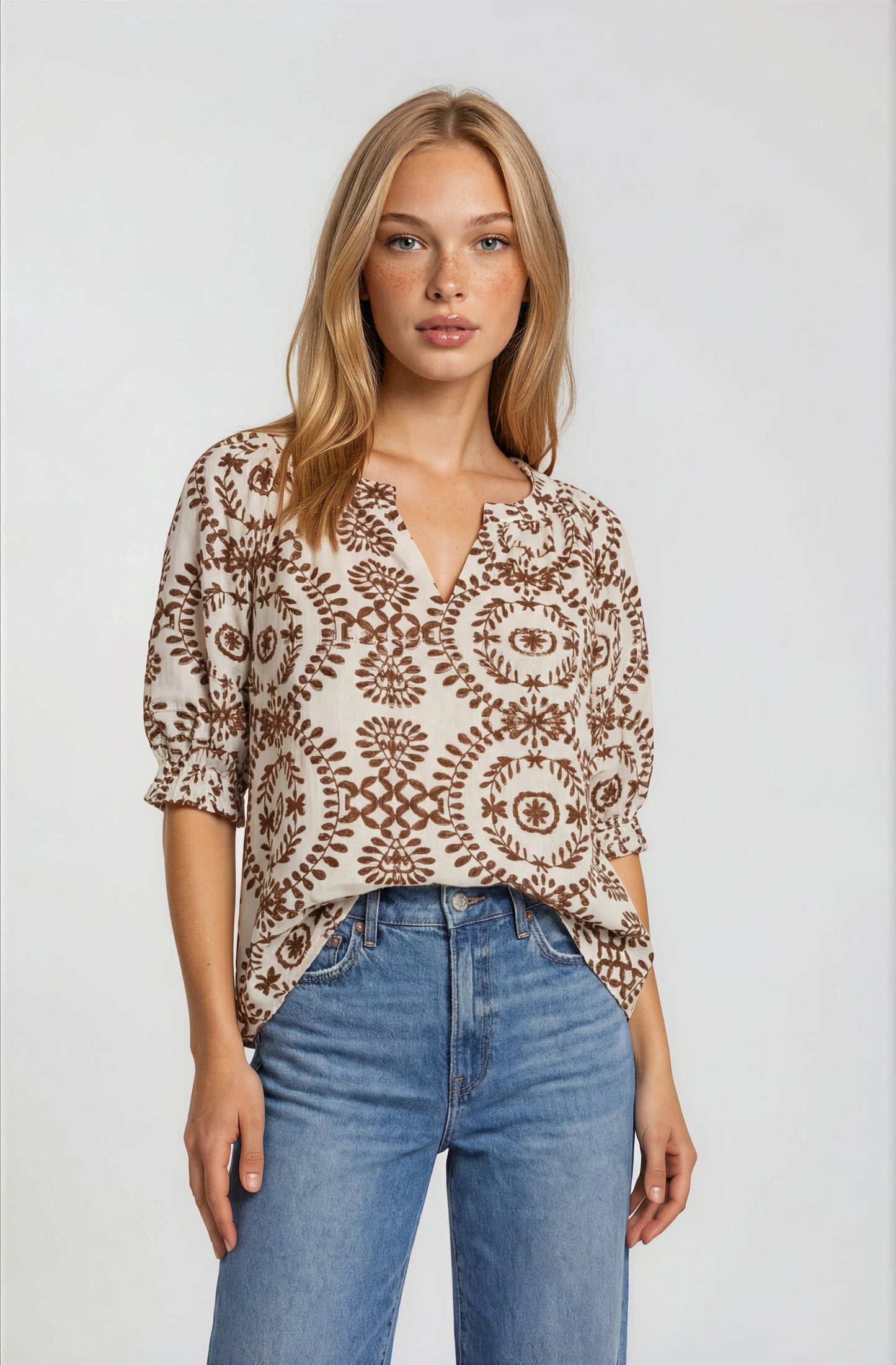 SHORT SLEEVE PRINTED BLOUSE-BROWN MULTI