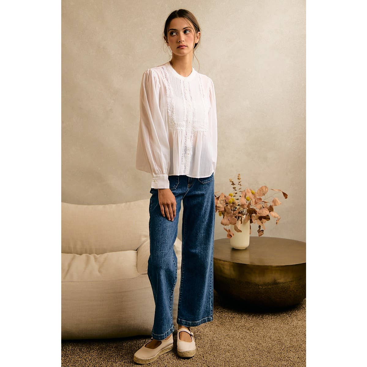 PLEATED LACE TRIM BUTTON-UP BLOUSE
