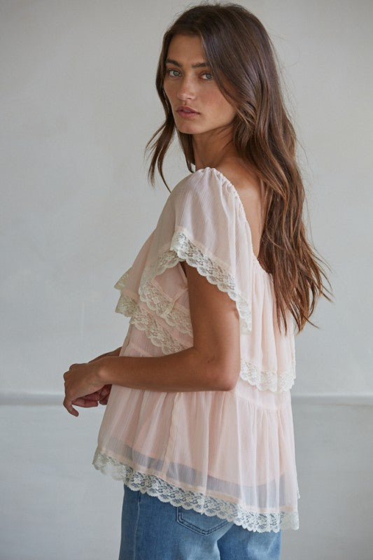 Pale Blush Ruffle and Lace Top