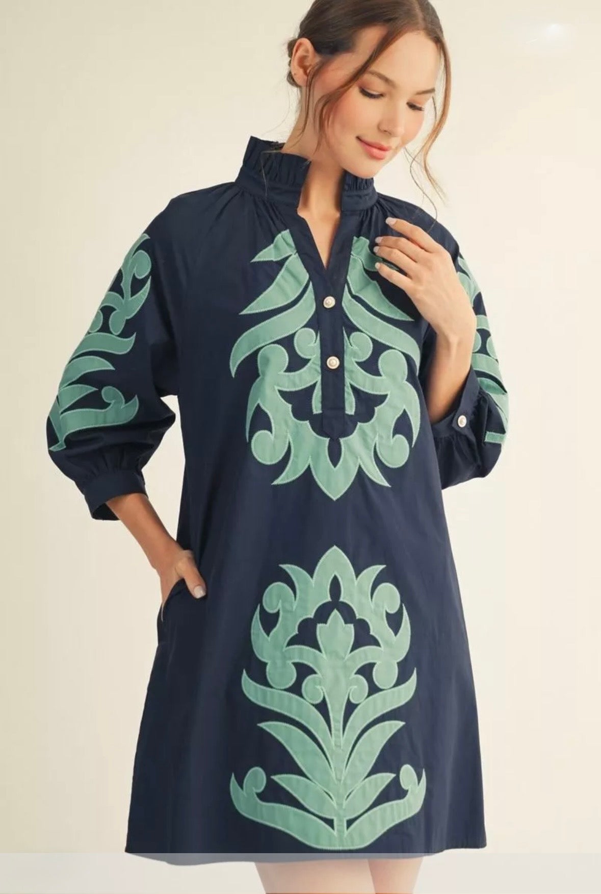 Navy and Mint Appliqué Shift Dress