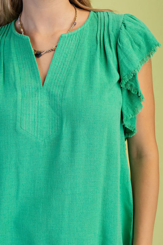 Linen Frayed Flutter Sleeve Top