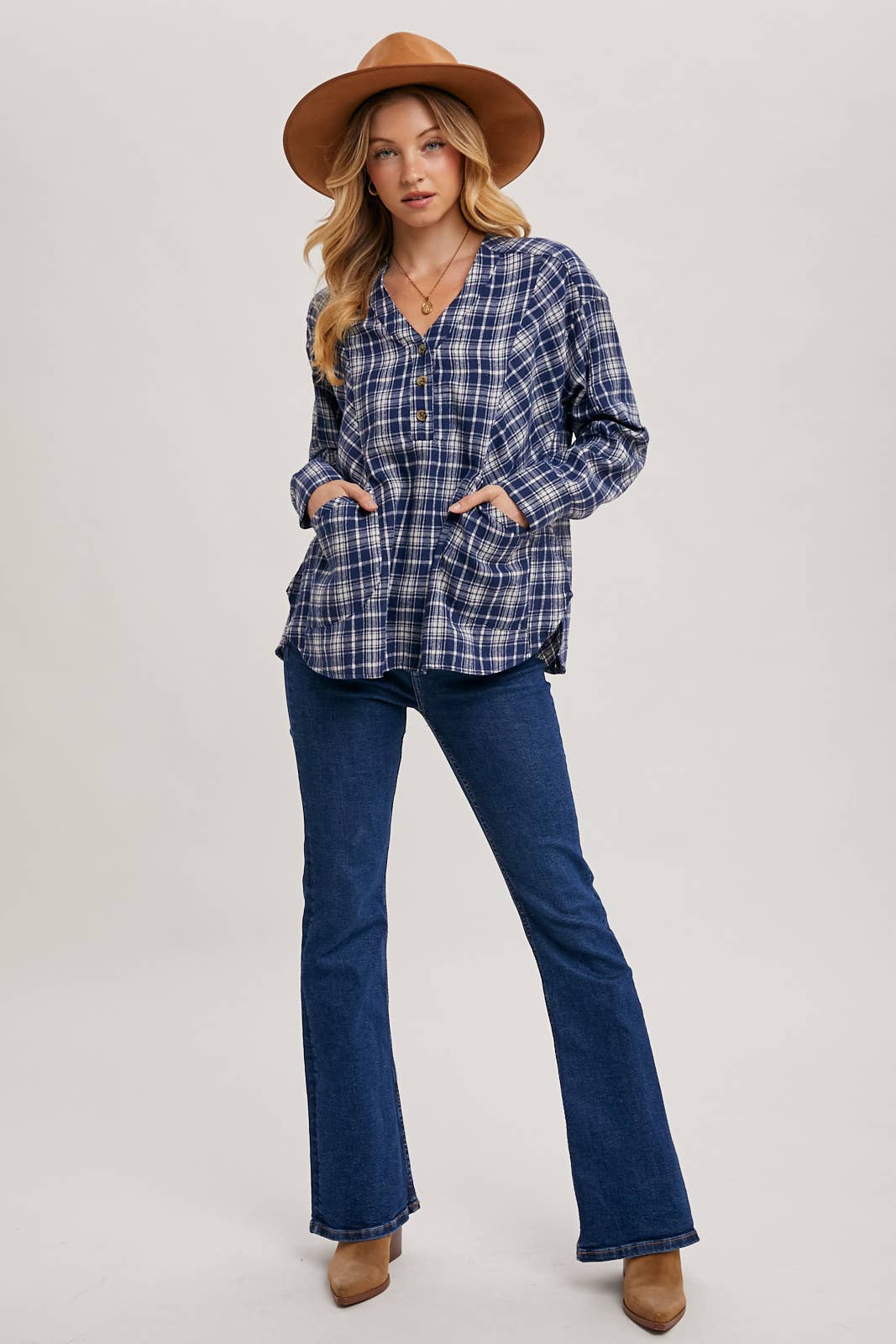OVERSIZED PLAID BUTTON FRONT V-NECK SHIRT WITH POCKETS