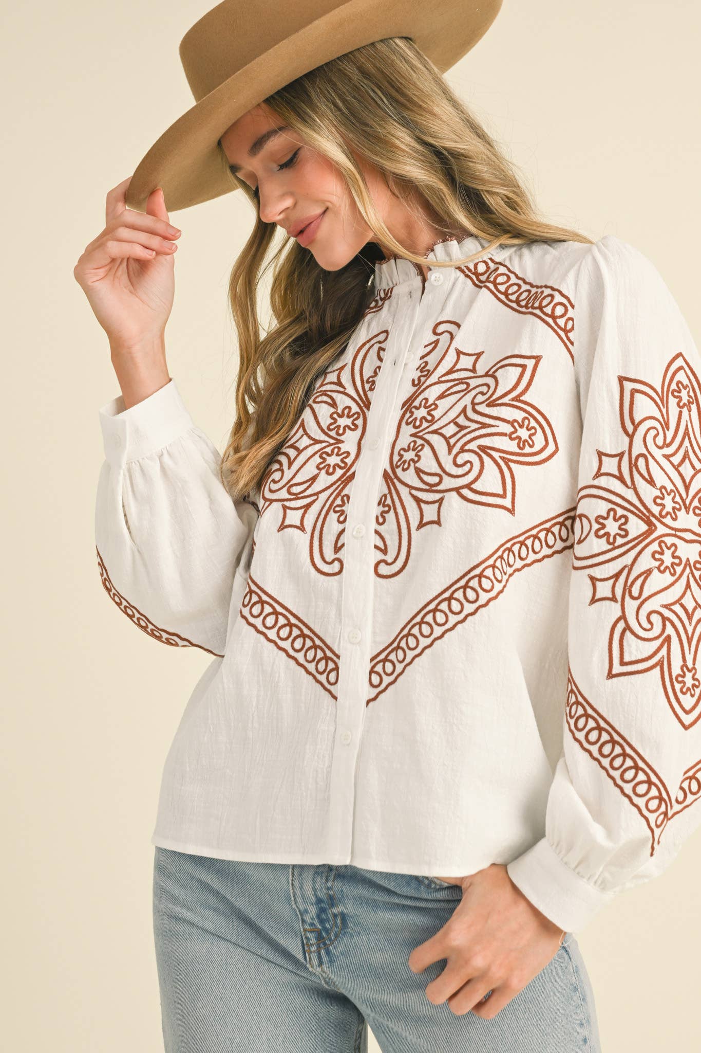 EMBROIDERED MOCK NECK BUTTON UP TOP MTP3336
