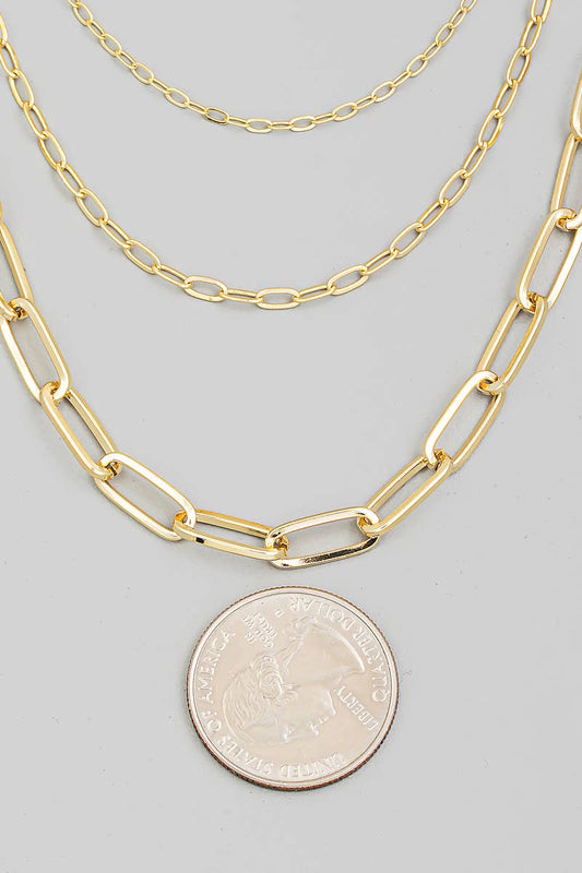 Triple Oval Paperclip Chain Link Necklace: Gold