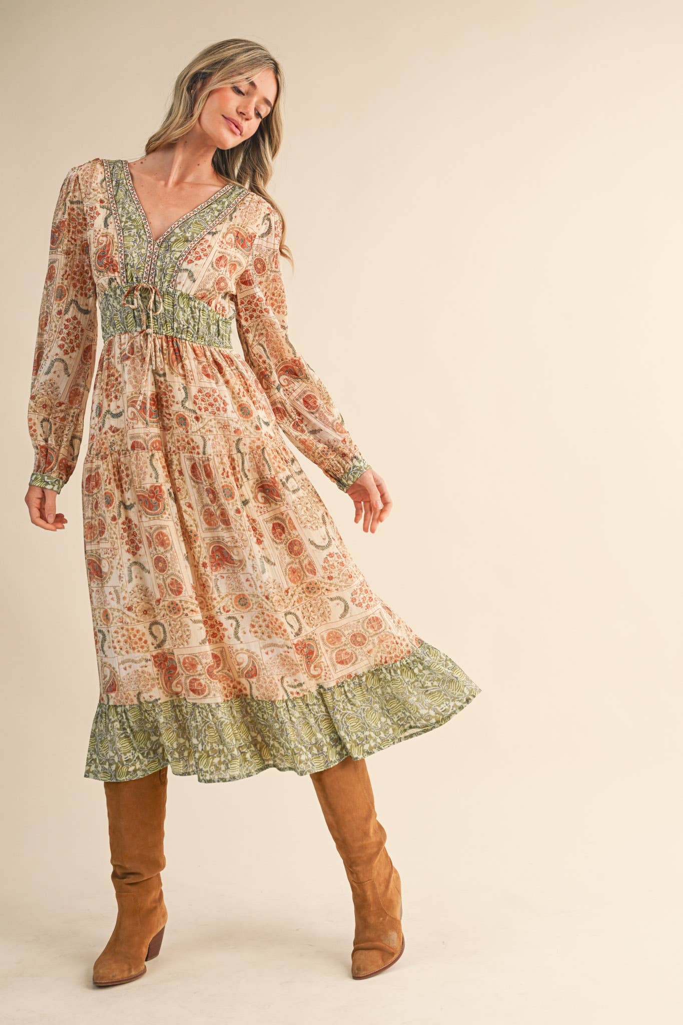 MIXED PAISLEY PRINT MIDI DRESS MDR4448