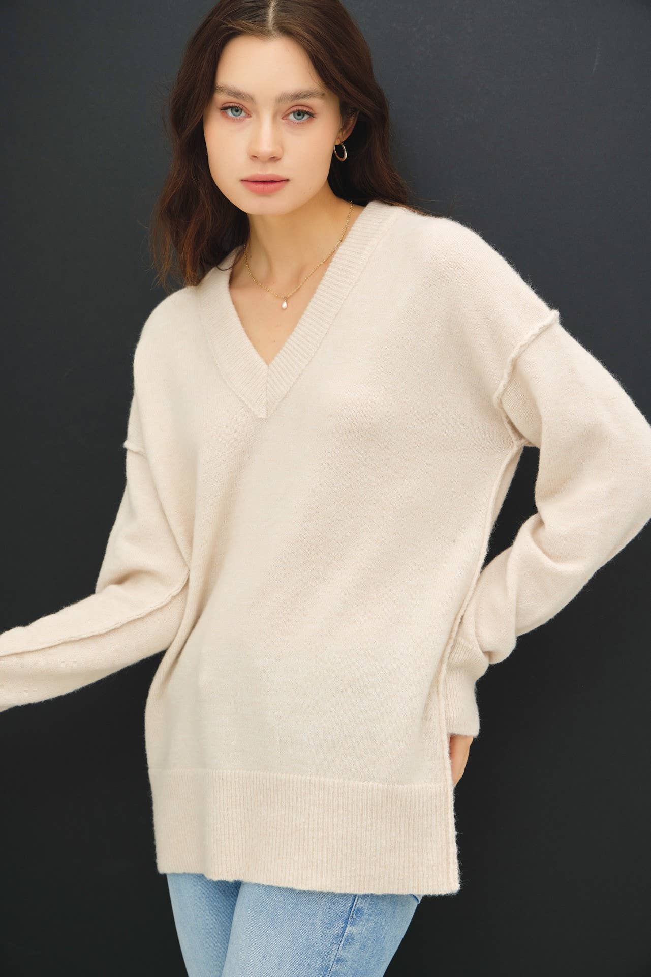 Oversized V-Neck Sweater with Raw Seam Details