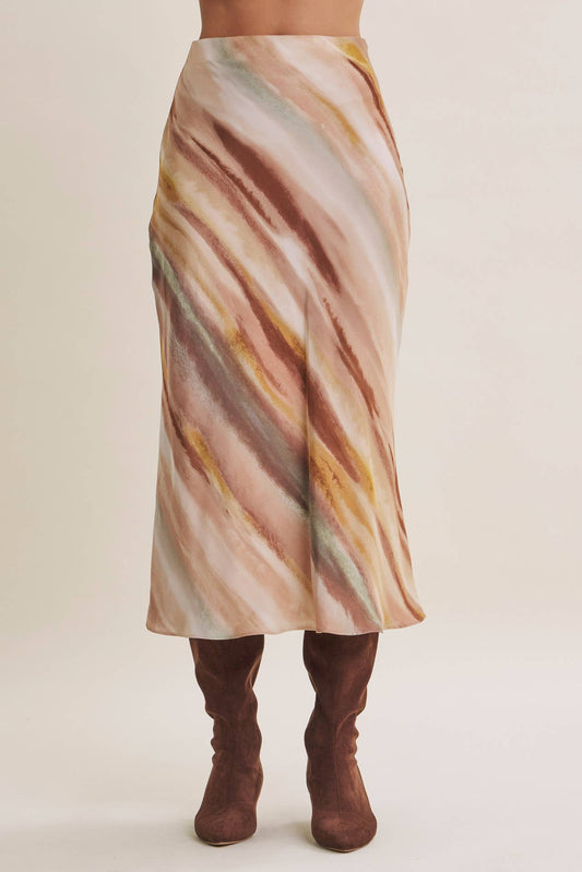 Fall Watercolor Abstract Satin Bias Midi Skirt
