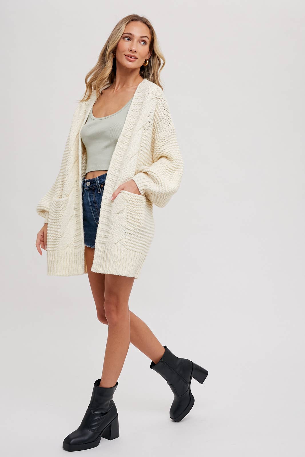 Ivory Chunky Cable Lantern Sleeve Cardigan