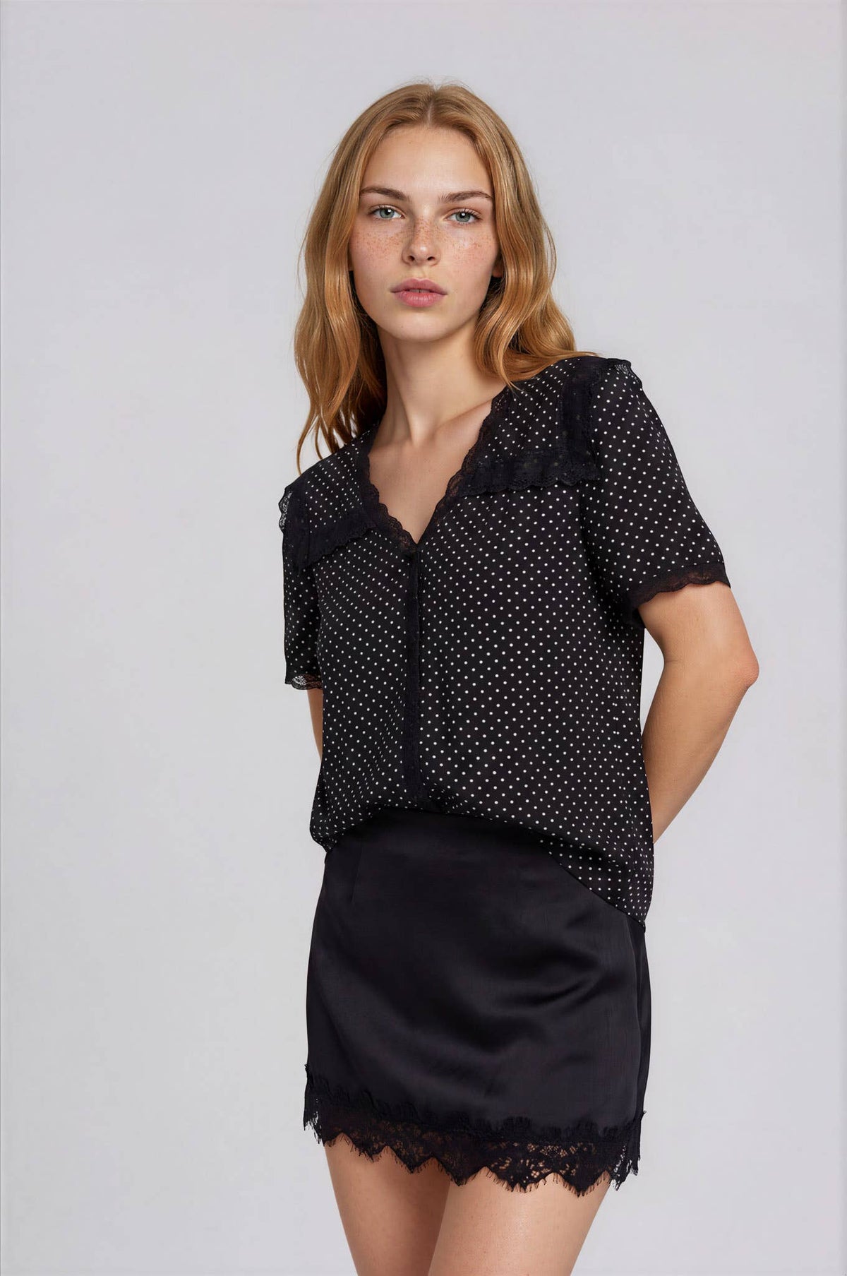 POLKA DOT LACE SQUARE COLLAR SHORT SLEEVE BLOUSE