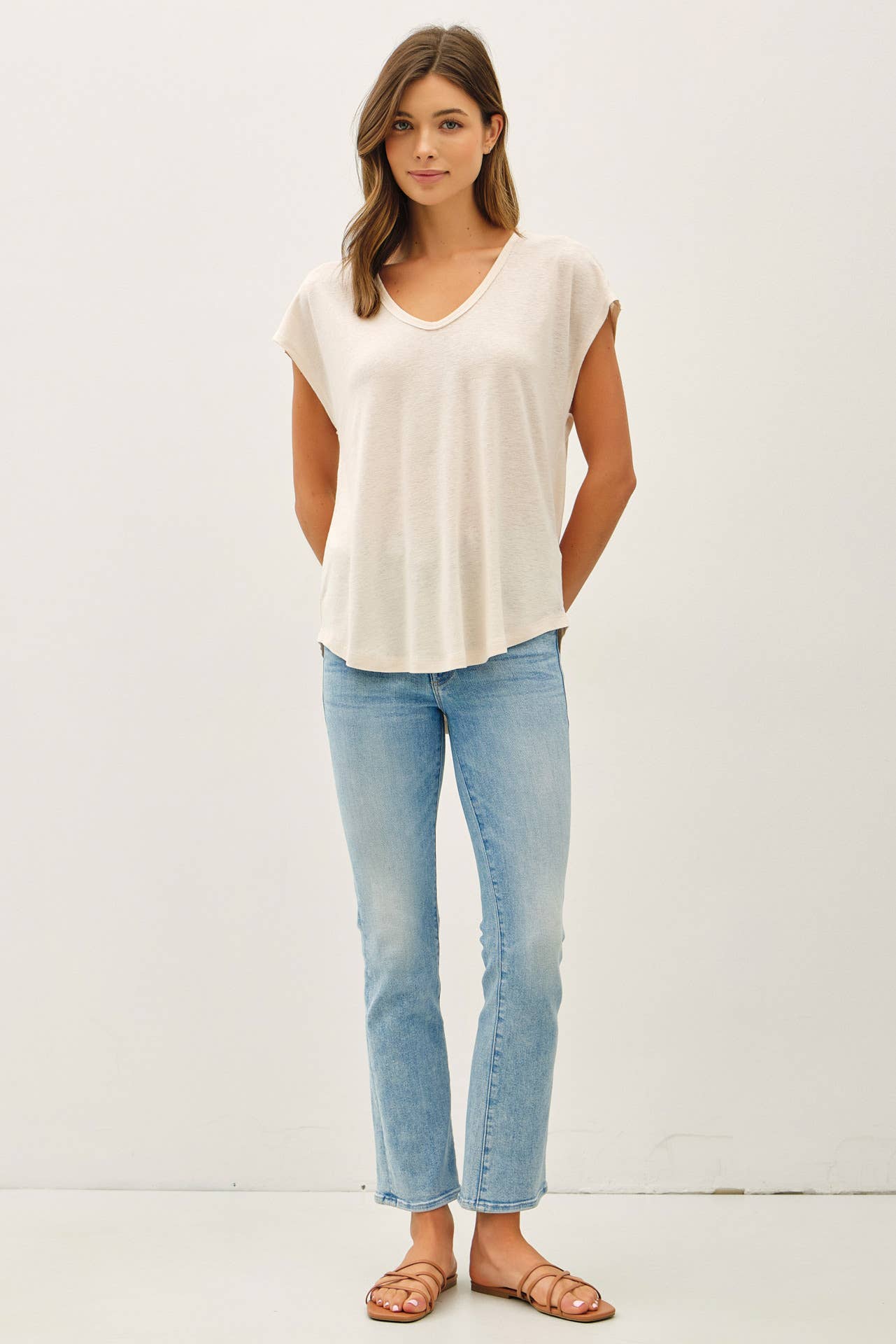 Raw Edge Detail Linen Blend T-Shirt; Ivory, Dusty Blue, Charcoal or Clay