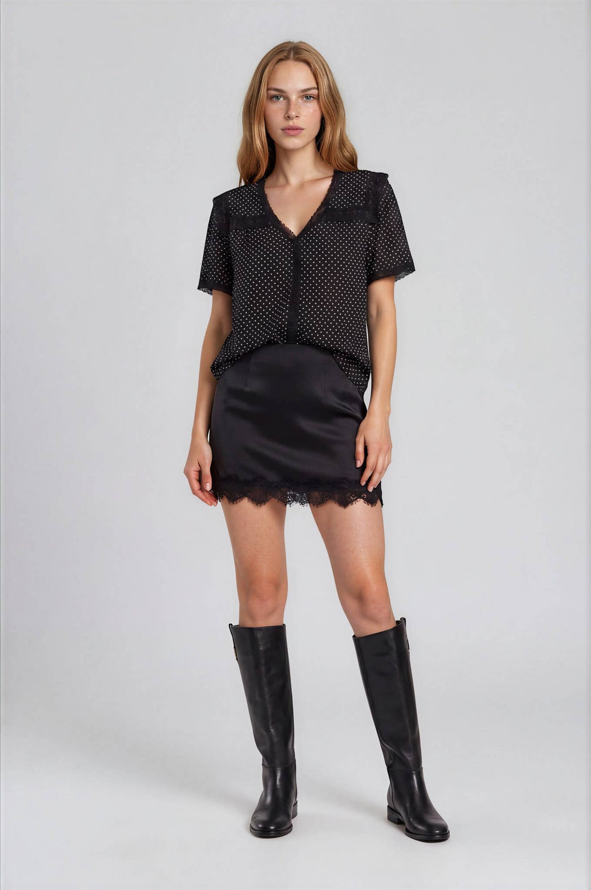 POLKA DOT LACE SQUARE COLLAR SHORT SLEEVE BLOUSE