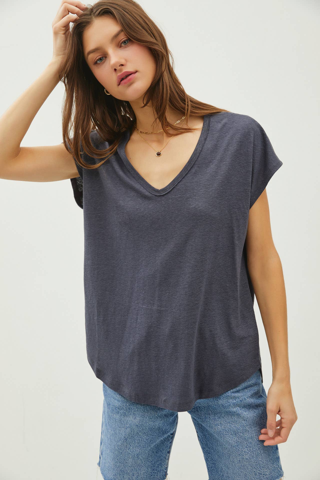 Raw Edge Detail Linen Blend T-Shirt; Ivory, Dusty Blue, Charcoal or Clay