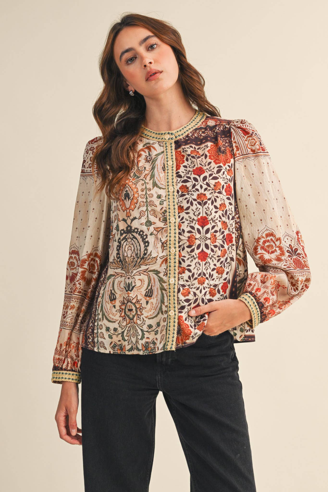 PATCHWORK PRINT CROCHET TRIM BUTTON DOWN TOP MTP4382