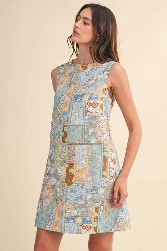 PATCHWORK PRINT DENIM SHIFT MINI DRESS