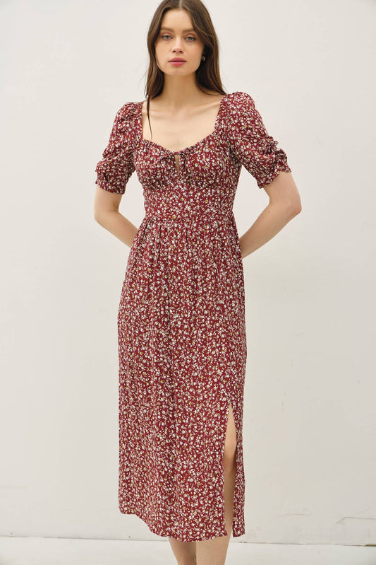 Romantic Ruched Sleeve Tie Front Maroon Dress