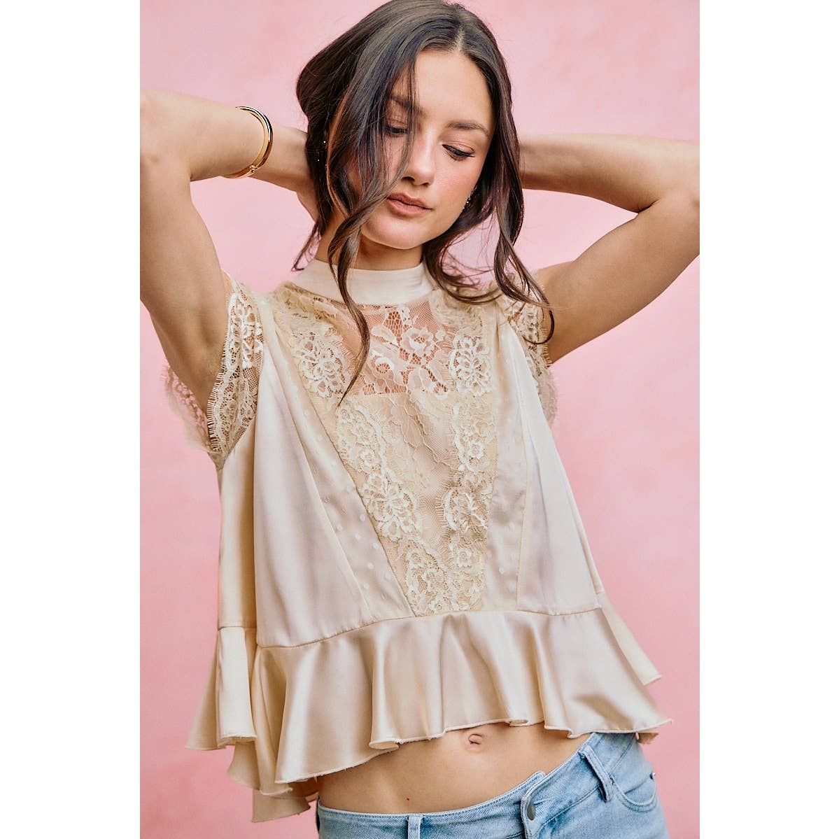 SATIN MOCK NECK LACE TRIM PEPLUM BLOUSE TOP: CREAM / S