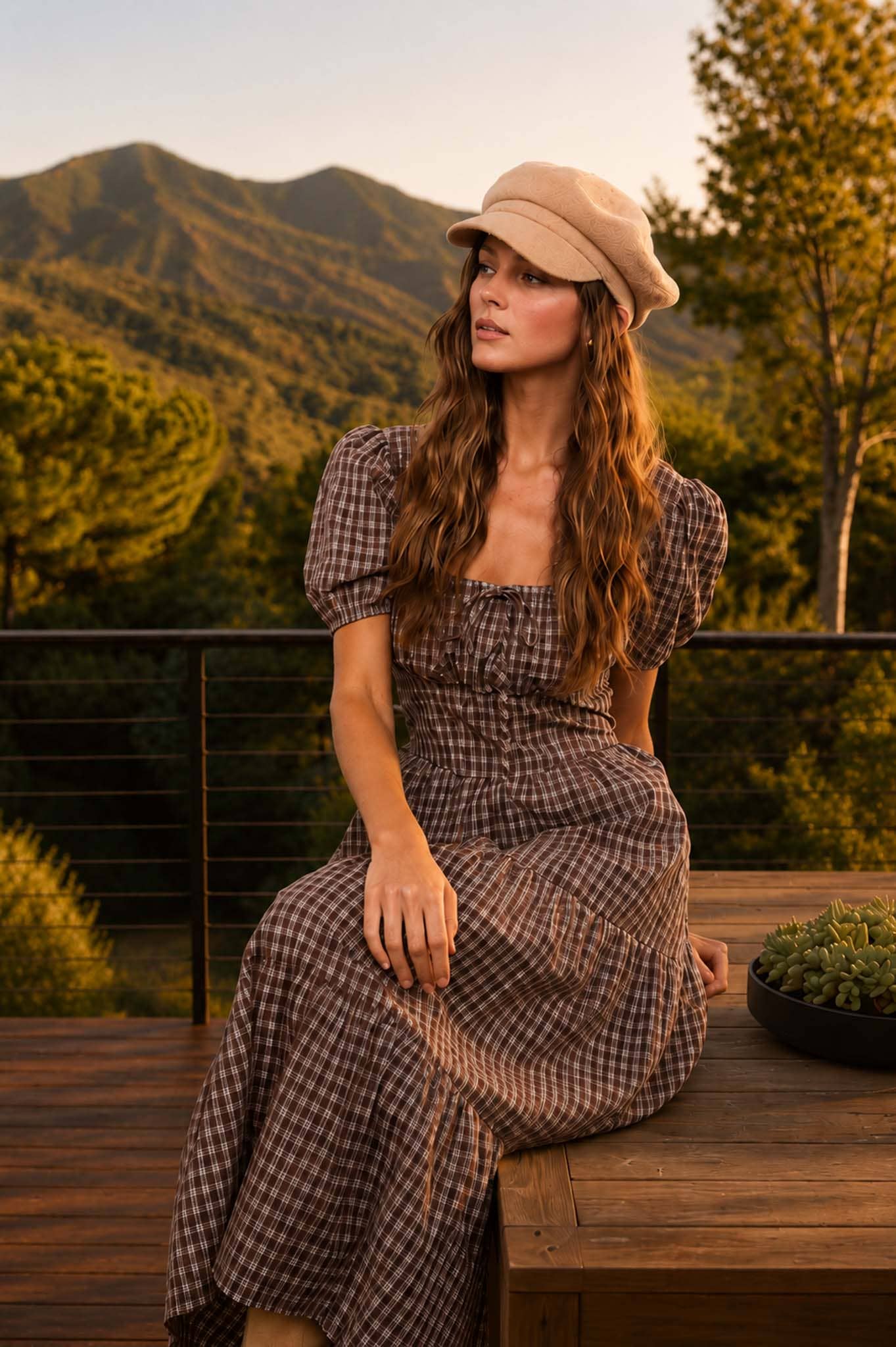 PLAID PUFF SLEEVE CORSET DETAIL TIERED MIDI DRESS