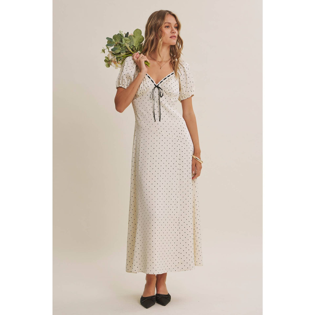 Vintage Paris Flowy Fit & Flare Polka Dot Satin Midi Dress-Ivory/Black