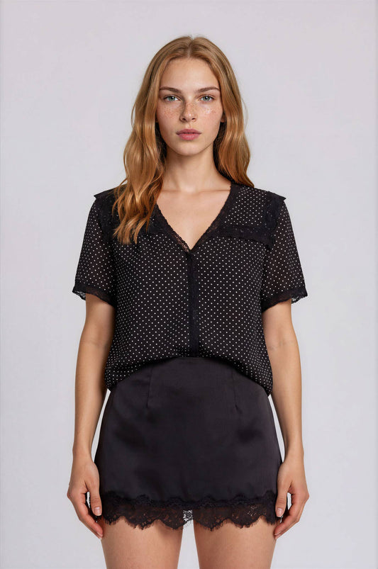 POLKA DOT LACE SQUARE COLLAR SHORT SLEEVE BLOUSE