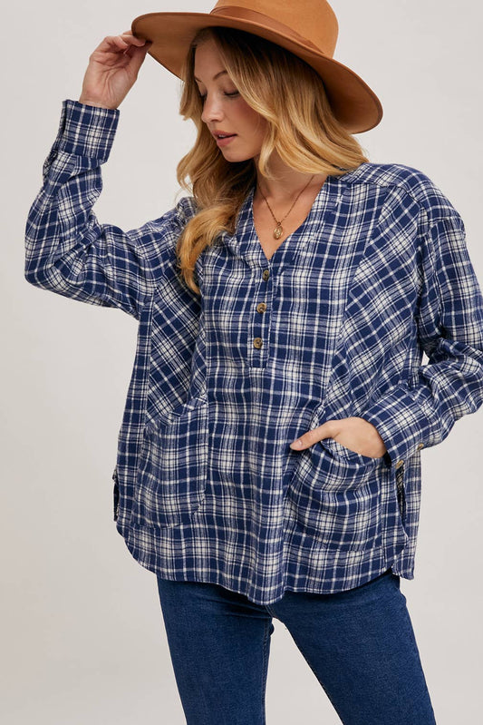 OVERSIZED PLAID BUTTON FRONT V-NECK SHIRT WITH POCKETS