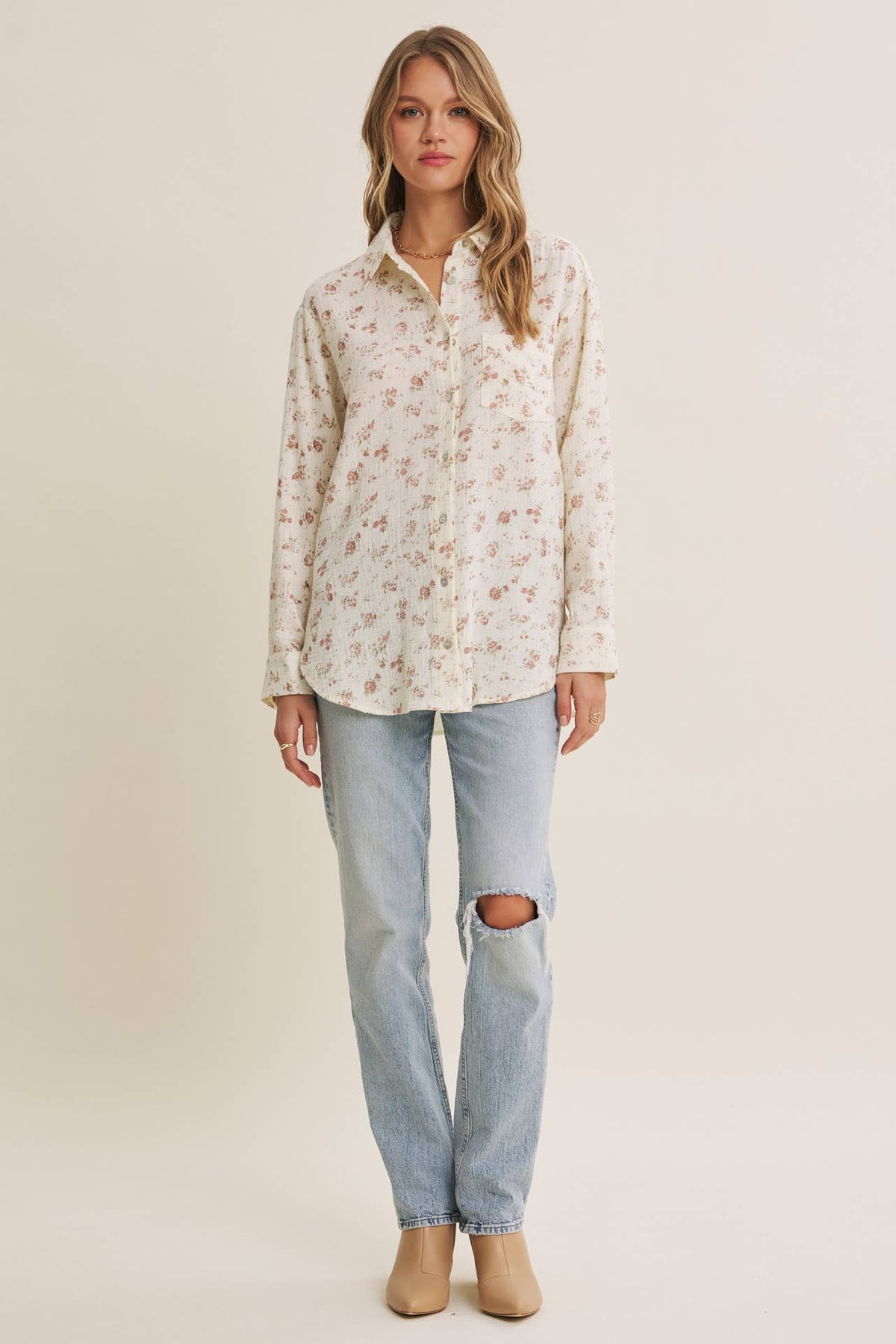SOFT BREEZE FLORAL COTTON GAUZE RELAXED FIT SHIRT