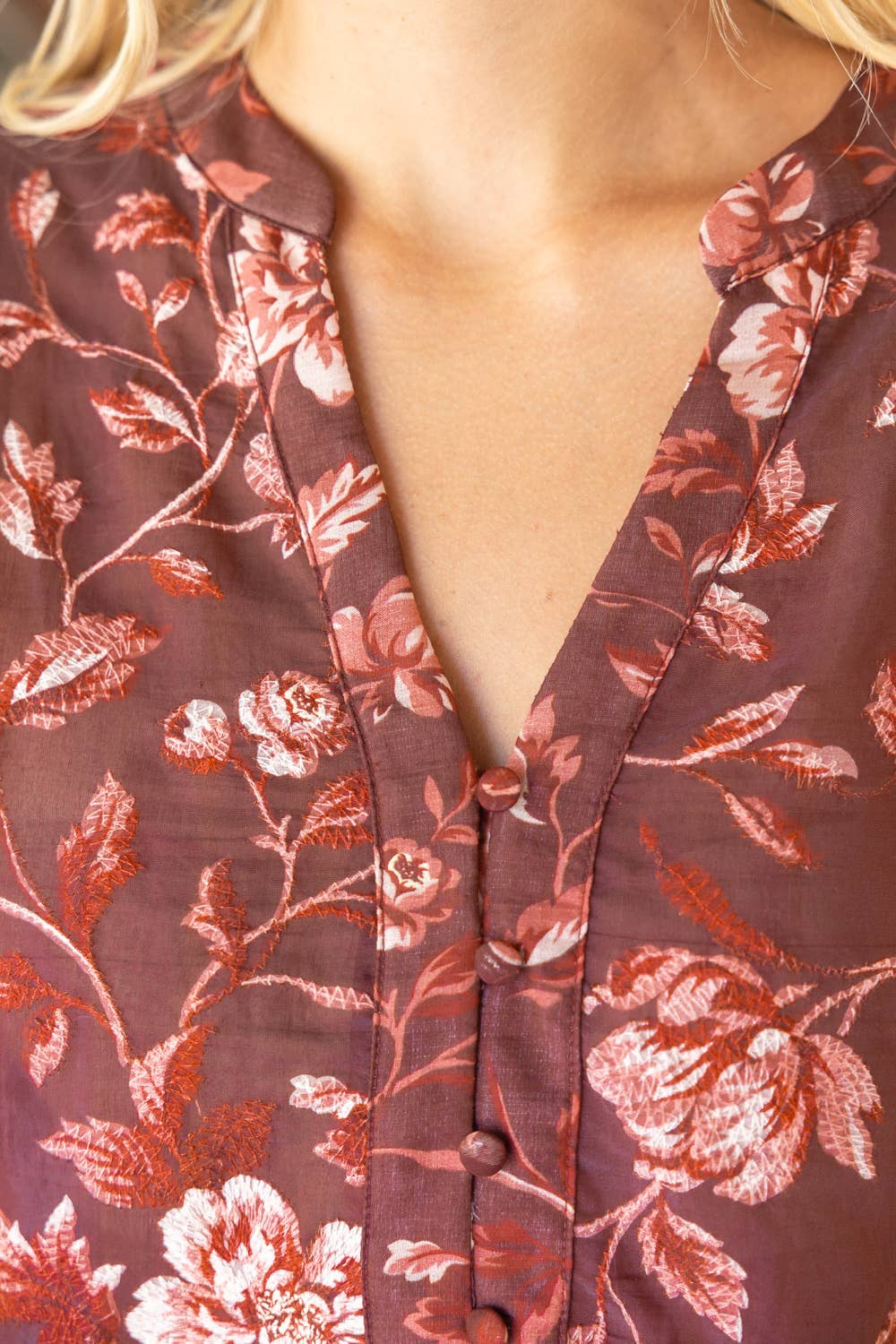 Maroon Floral Embroidered Button Down V-Neck Top