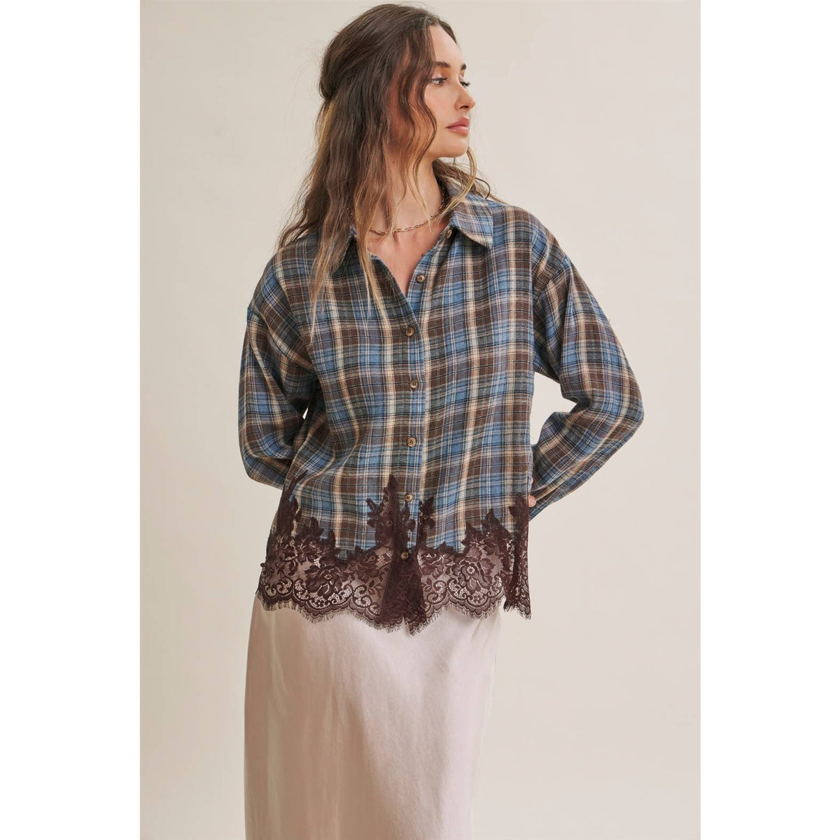 WESTERN ROMANTIC PLAID EYELASH LACE HEM BUTTON-DOWN SHIRT